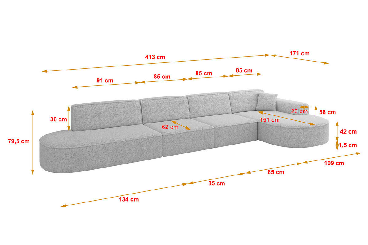 ECKSOFA Ottomane Rechts MARI-L3 - 413x171x79 cm Grau Tissu - Schwarz/Grau, Holzwerkstoff/Kunststoff (171/413cm) - ALTDECOR