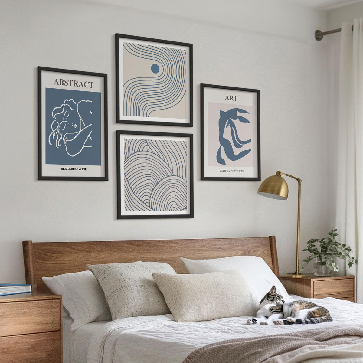 WANDBILDER 4er-Set - 50x50 cm & 40x60 cm Schwarzer Rahmen - Poster mit abstrakten Linien und Wellen - Schwarz, Kunststoff (50/50cm) - ArtPrintCave