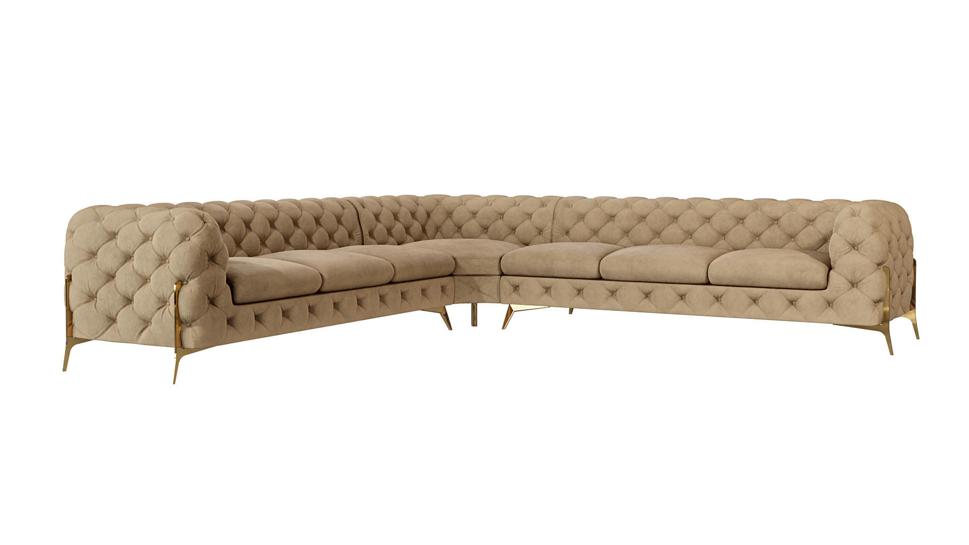 S-Style CHESTERFIELD ROHOVÁ SEDAČKA Lexi z béžového sametu se zlatými nohami