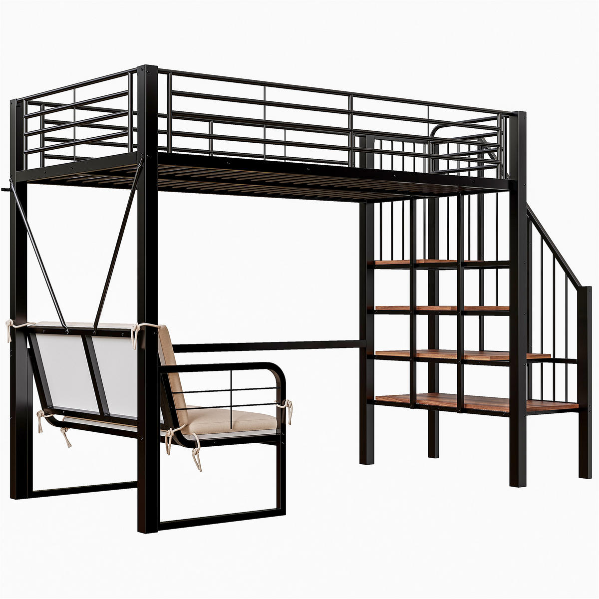 HOCHBETT 90/200 cm DE-01525, in Schwarz, mit Polstersofa, Stauraum und Sicherheitstreppe - Schwarz, Metall (90/200cm) - ComfortXL
