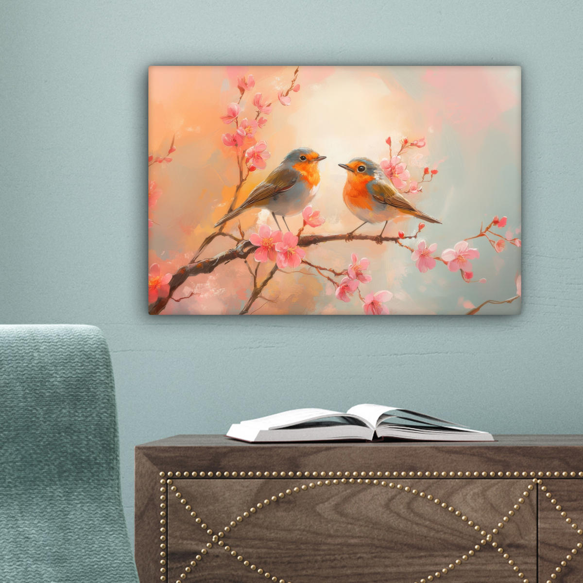 LEINWANDBILD Rotkehlchen - Zierpflanze - Blütenzweig Deko Schlafzimmer 30x20 cm - Hellrosa, Textil (30/20cm) - MuchoWow