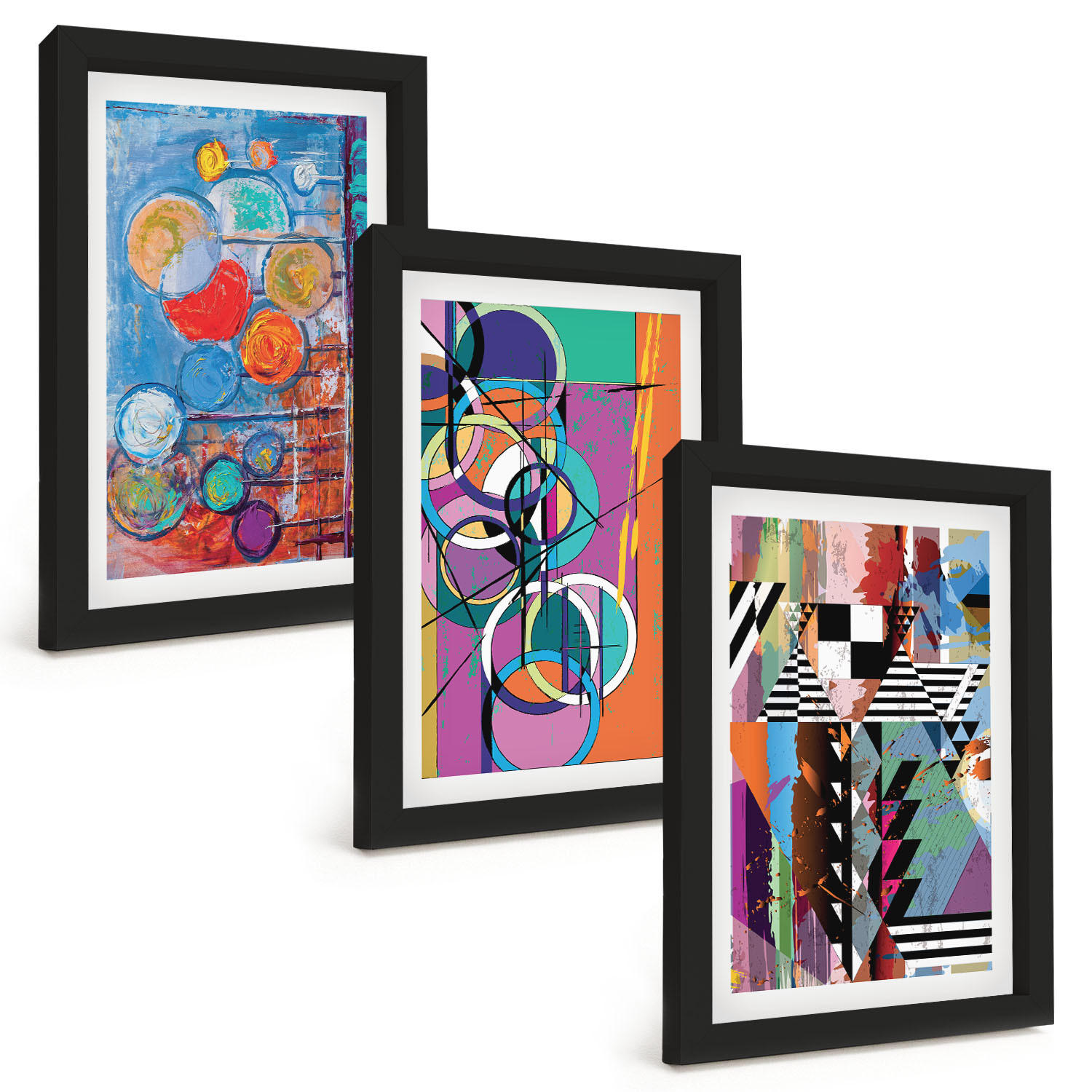 BILDER SET 3er Set - 20x30 cm Schwarzer Rahmen - Bunte abstrakte Kreise Geometrie - Schwarz, Kunststoff (20/30cm) - TULUP