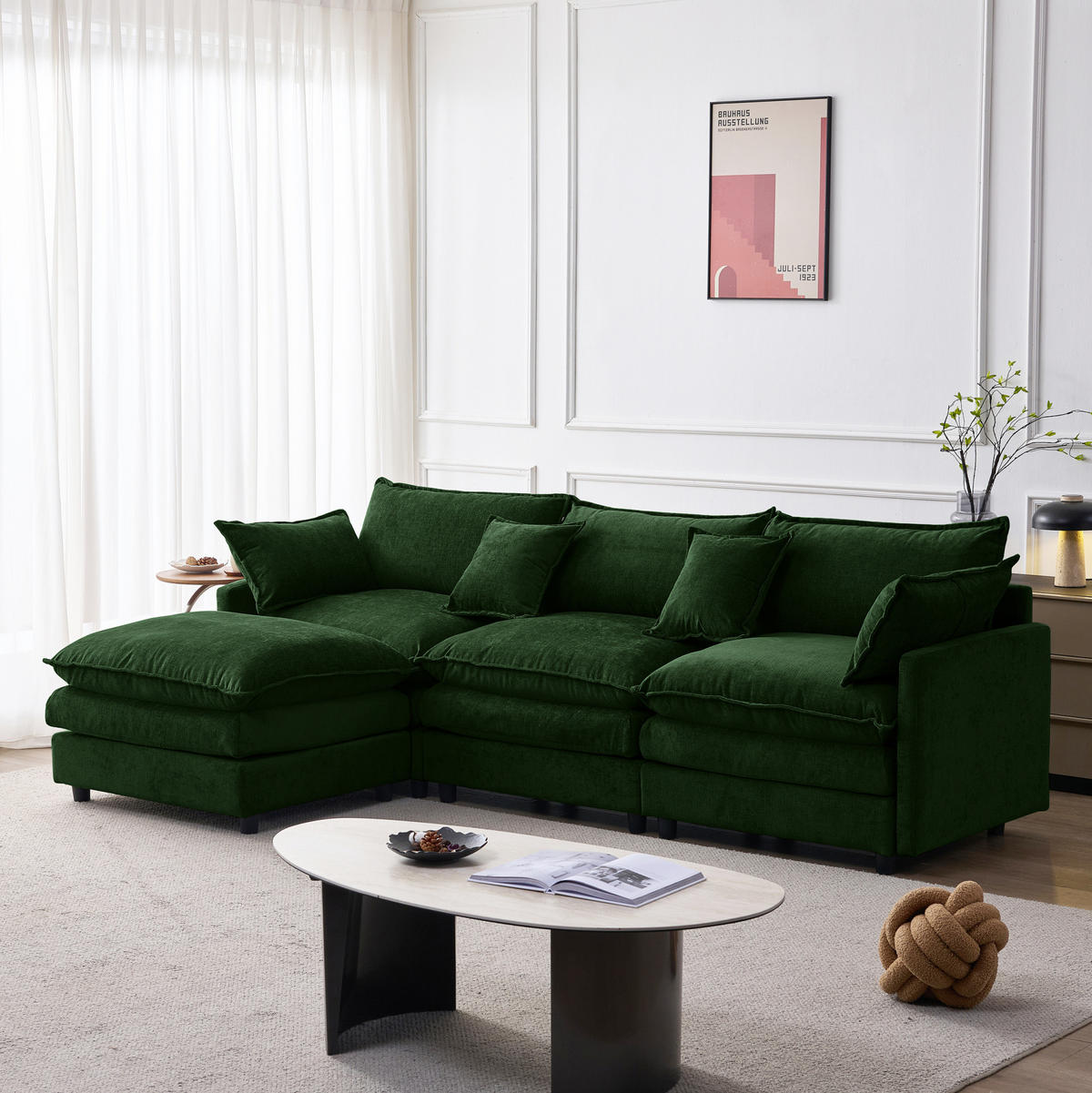 ECKSOFA 253/180/83 cm aus Chenille mit modularem Hocker Grün - Grün, Textil (154/267cm) - Modenvie