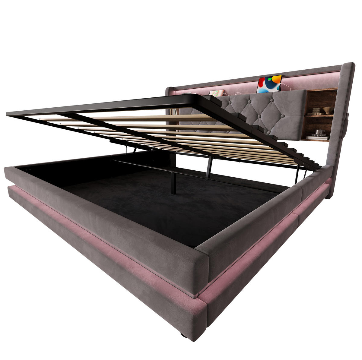 POLSTERBETT aus Samt 160x200 cm Dunkelgrau mit LED-Beleuchtung, USB-C, Bettkasten und Lattenrost - Dunkelgrau, Textil (160/200cm) - Modfu