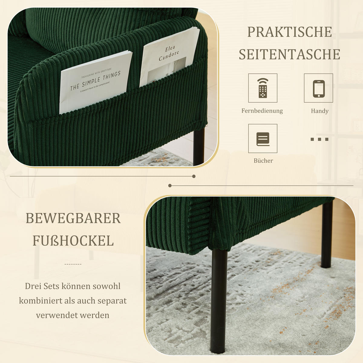 3-SITZER Sofa mit Seitentaschen, Metallgestell & Leinenstoff, 171cm, Grün - Schwarz/Grün, Textil/Metall (171/80/72cm) - LVHOM