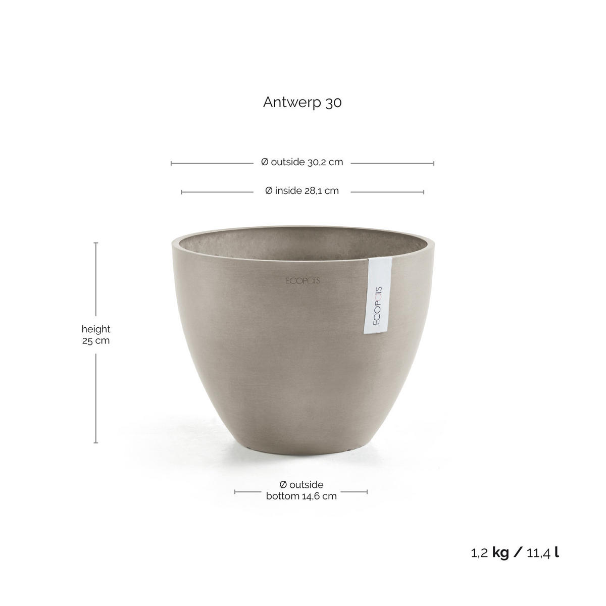 BLUMENTOPF Antwerp 30,2/25 cm Taupe - Taupe, Kunststoff (30.2/25cm) - Ecopots