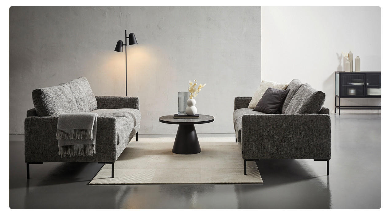 minimalistisch Graue Couch und schwarzer Tisch