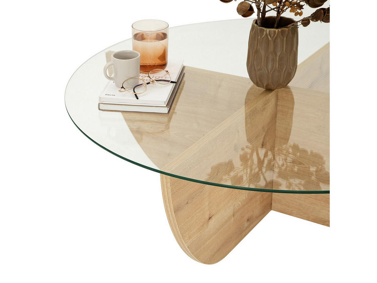 COUCHTISCH - Sicherheitsglas - Holzfarben hell & Transparent - AYSUN - Hellbraun, Holz (90/90/30cm) - Vente-Unique