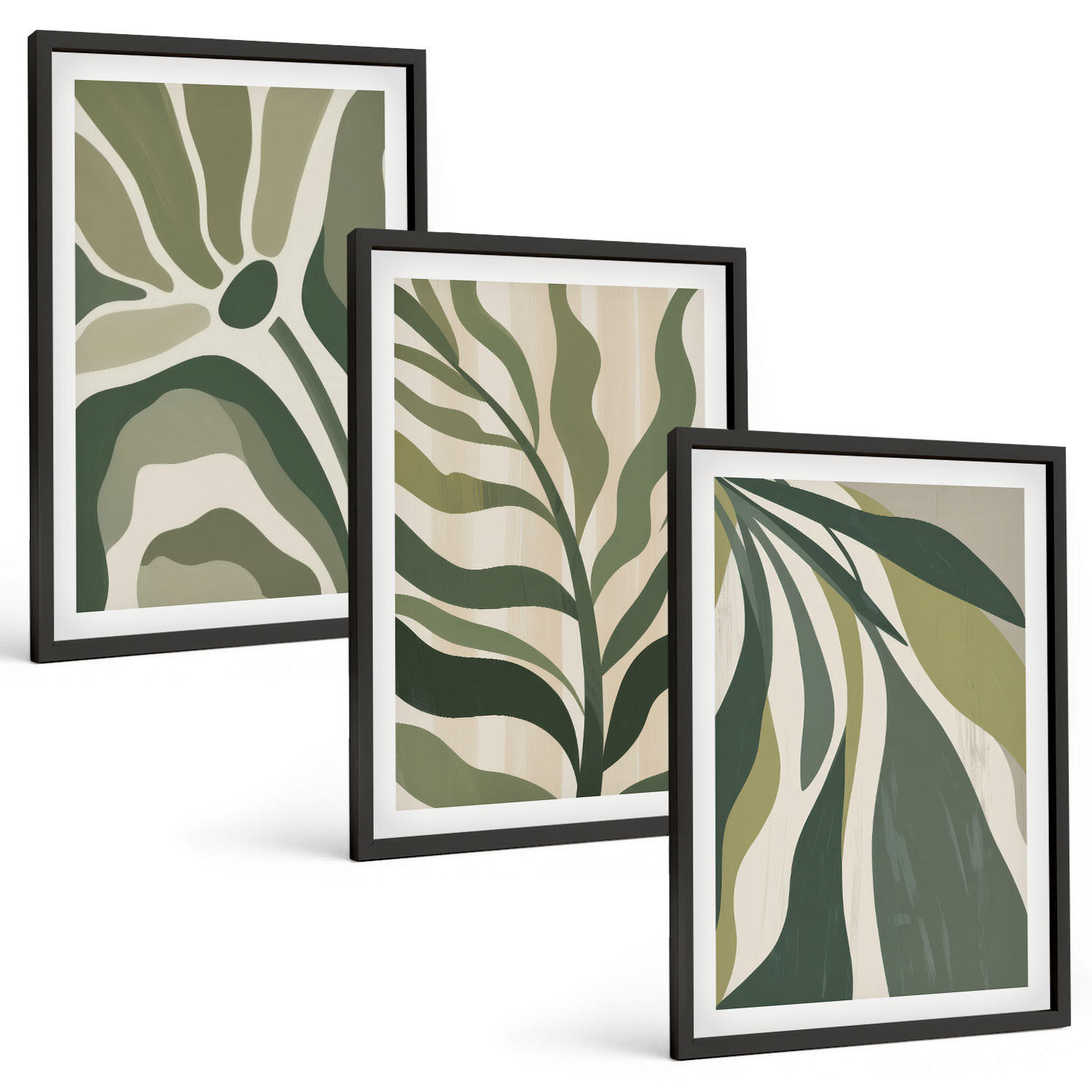 BILDER SET 3er Set - 40x60 cm Schwarzer Rahmen - Illustrationen gemalter grüner Blätter - Schwarz, Kunststoff (40/60cm) - TULUP