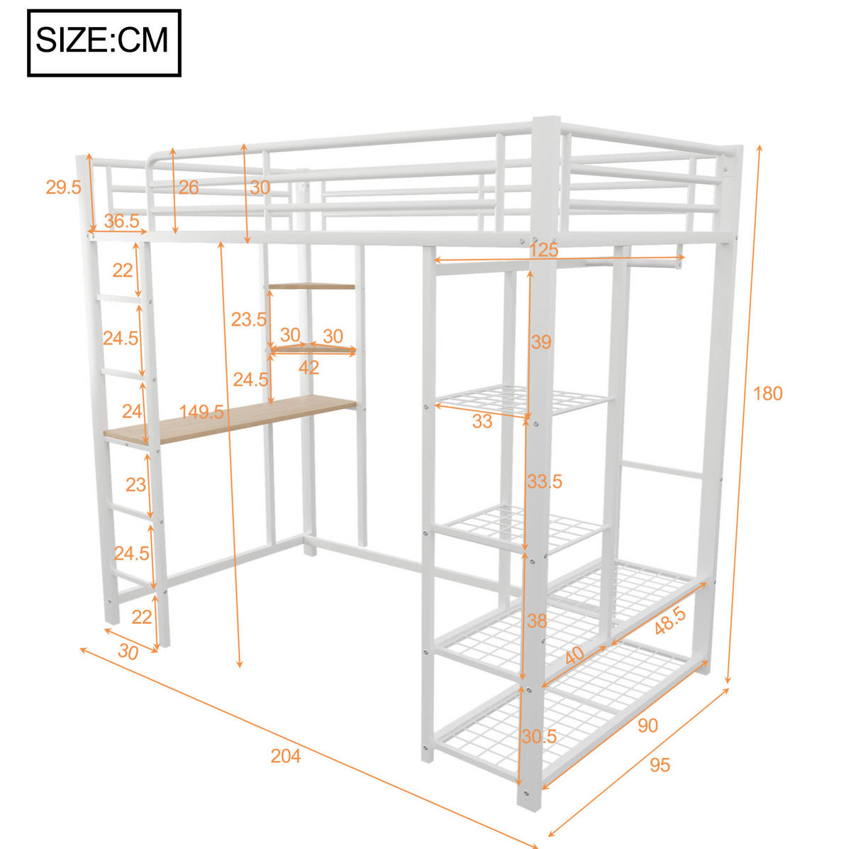 HOCHBETT 90/200 cm Weiß aus Metall mit Schreibtisch und Stauraum - Weiß, Holzwerkstoff (90/200cm) - OKWISH