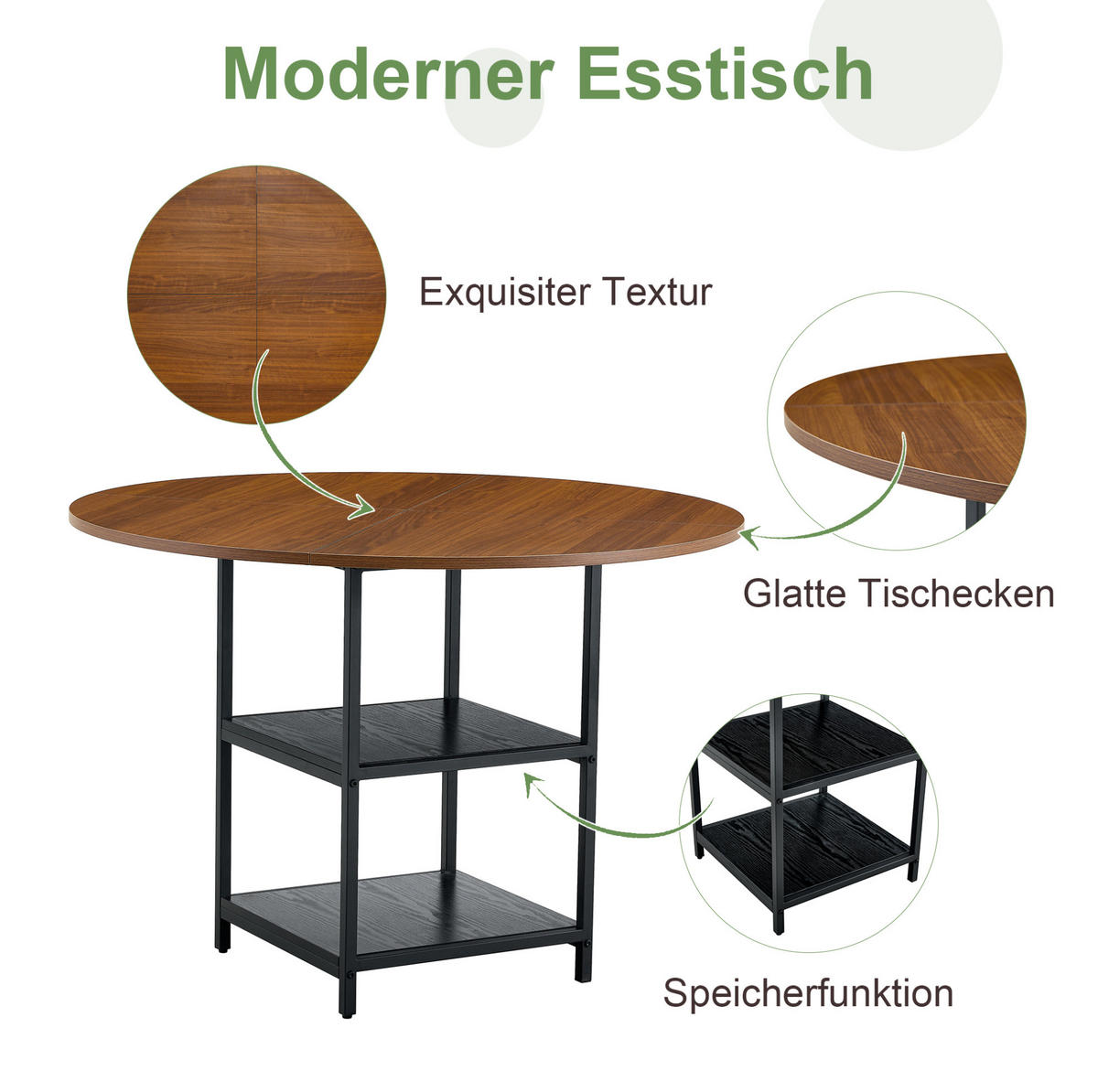 ESSTISCH-SET 5-tlg. rund 107 cm Nussbaumoptik Grau Schwarz - Grau, Metall (107/75/107cm) - Meubliv