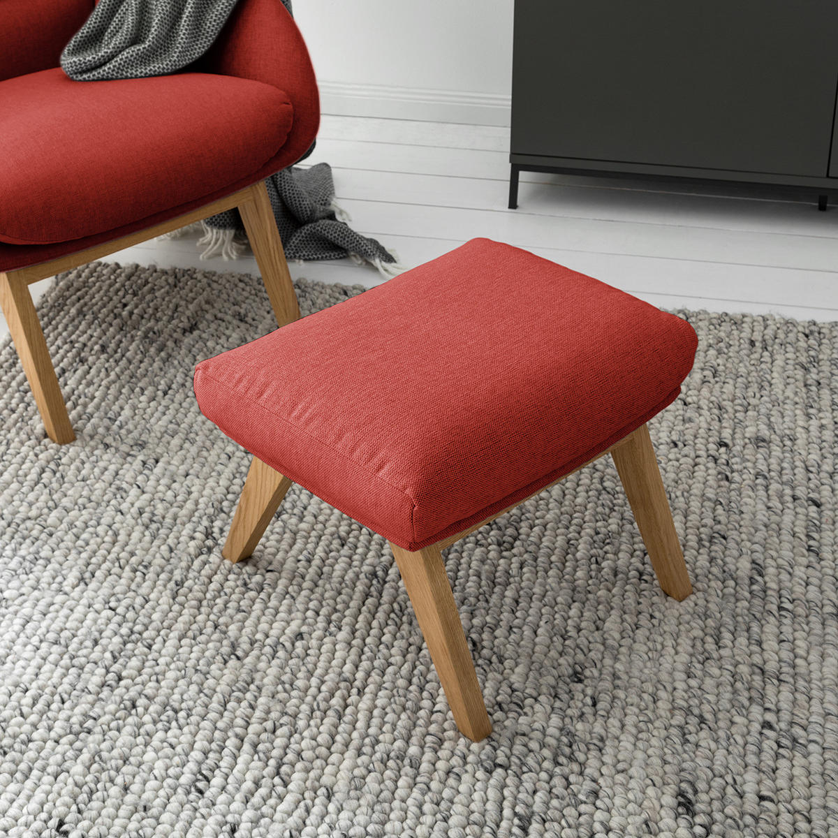 POLSTERHOCKER - Eichefarben/Rot, Eichenholz/Textil (54/41/41cm) - home24