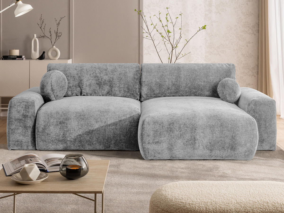 ECKSOFA Puffy mit Schlaffunktion und Bettkasten - besonders weich und puffig aus Hellgrau Stoff mit Chenillestruktur - Ottomane rechts - Hellgrau/Schwarz, Holz/Kunststoff (266/138cm) - S-Style Möbel
