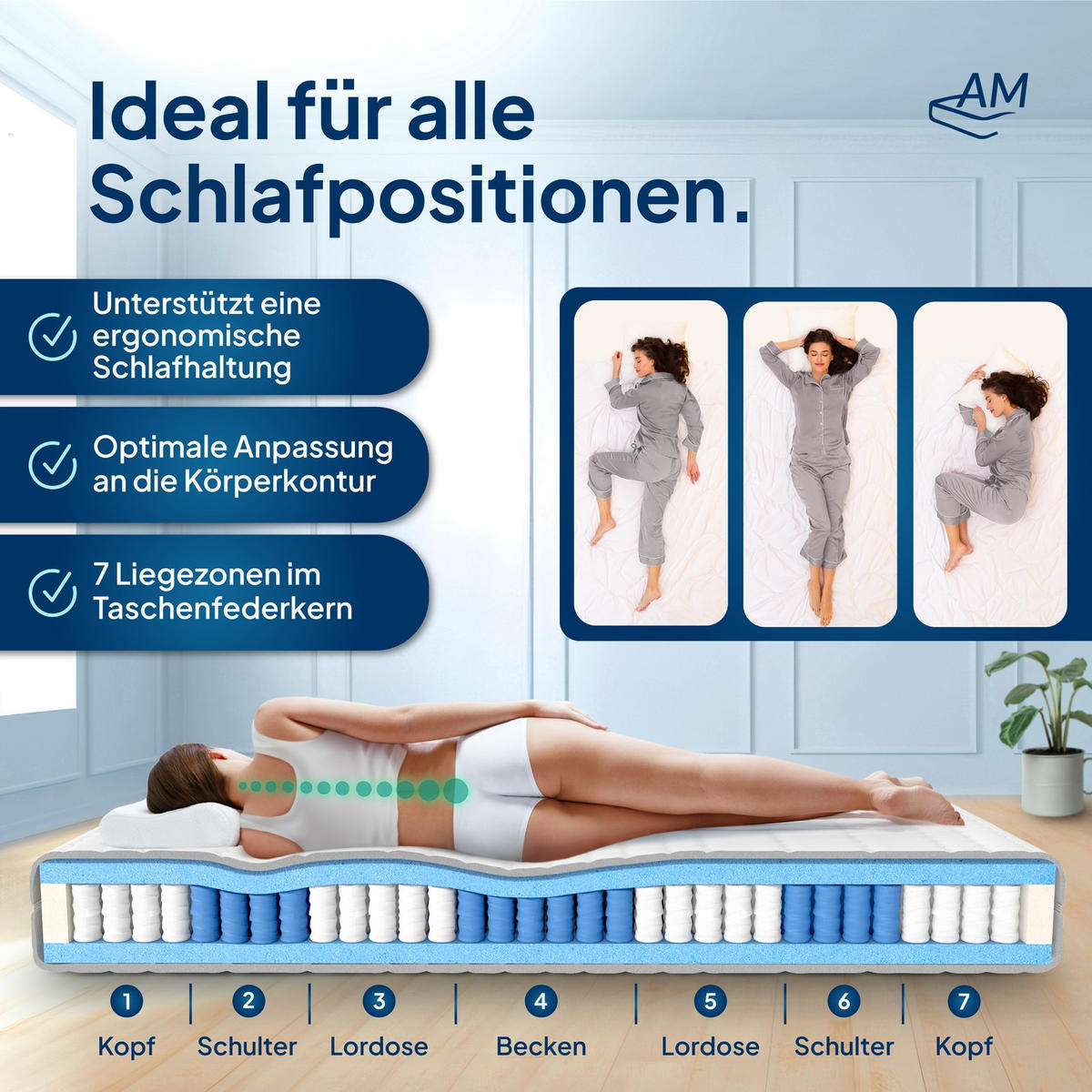TASCHENFEDERKERNMATRATZE Premium 240/200 cm H3 - 24cm Höhe & Tencel Bezug - Weiß, Textil (240/200cm) - AM Qualitätsmatratzen