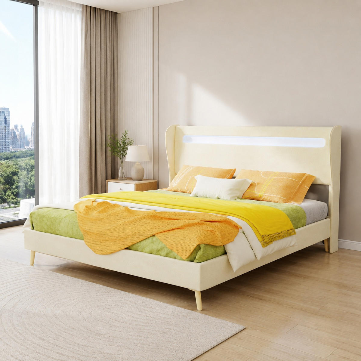 POLSTERBETT 160/200 mit LED, verstellbarem Kopfteil und niedriger Konstruktion in Beige - Beige, Holzwerkstoff/Textil (160/200cm) - EVRYAE