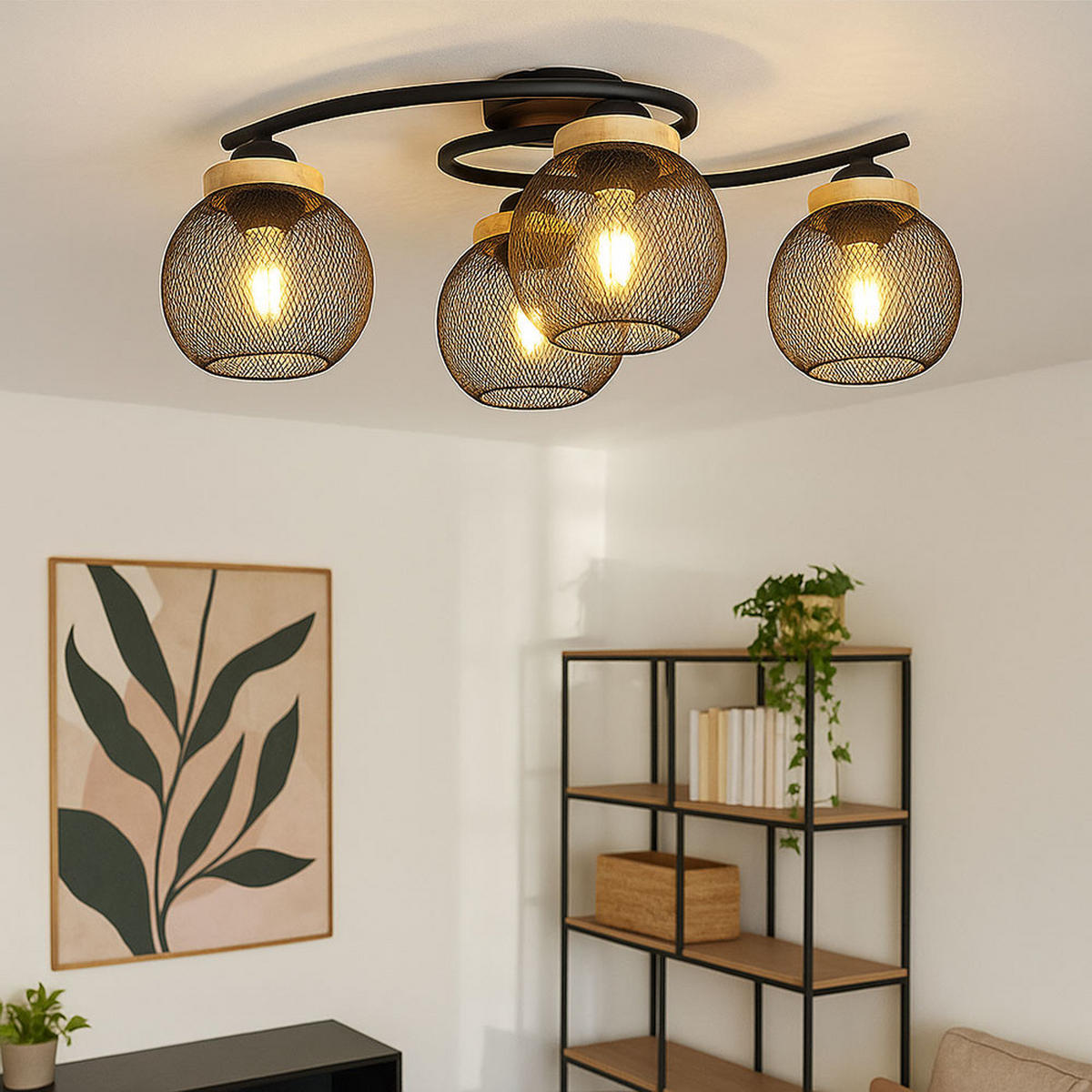 LED DECKENLEUCHTE Metall Schwarz Gitteroptik - Schwarz, Holz (60/35/22cm) - Globo Lighting