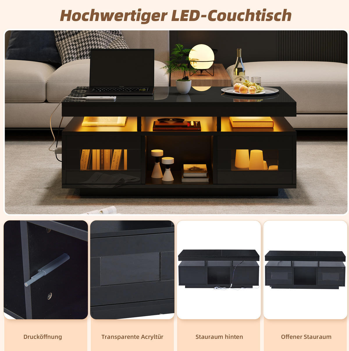 COUCHTISCH aus Spanplatte 100x50x43 cm Schwarz mit App-gesteuerter LED, Steckdose und USB-Anschluss - Schwarz, Holzwerkstoff (100/50/43cm) - IVMEU