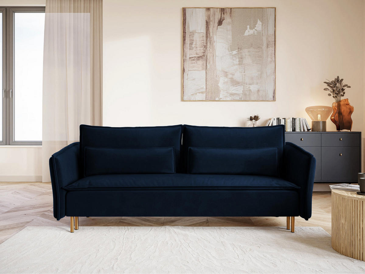 SCHLAFSOFA Ummo Dunkelblau Velours - Goldfarben/Dunkelblau, Textil/Metall (230/88/90cm) - Selsey