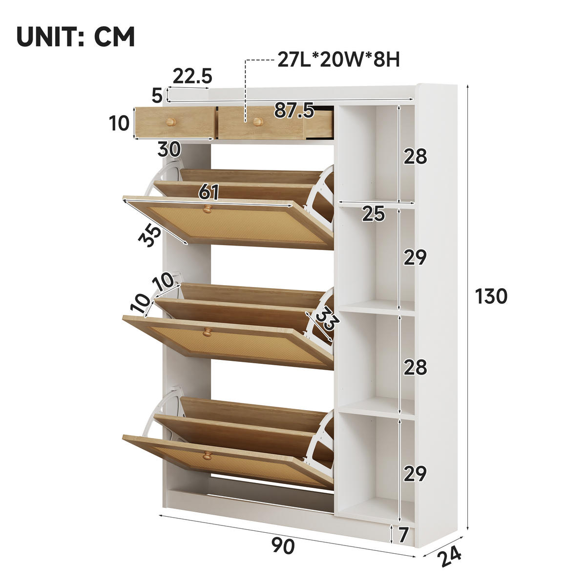 SCHUHSCHRANK 90x24x130cm Rattan mit 3 Klappen, 2 Schubl. - Weiß/Naturfarben, Holzwerkstoff (90/130/24cm) - FLIEKS