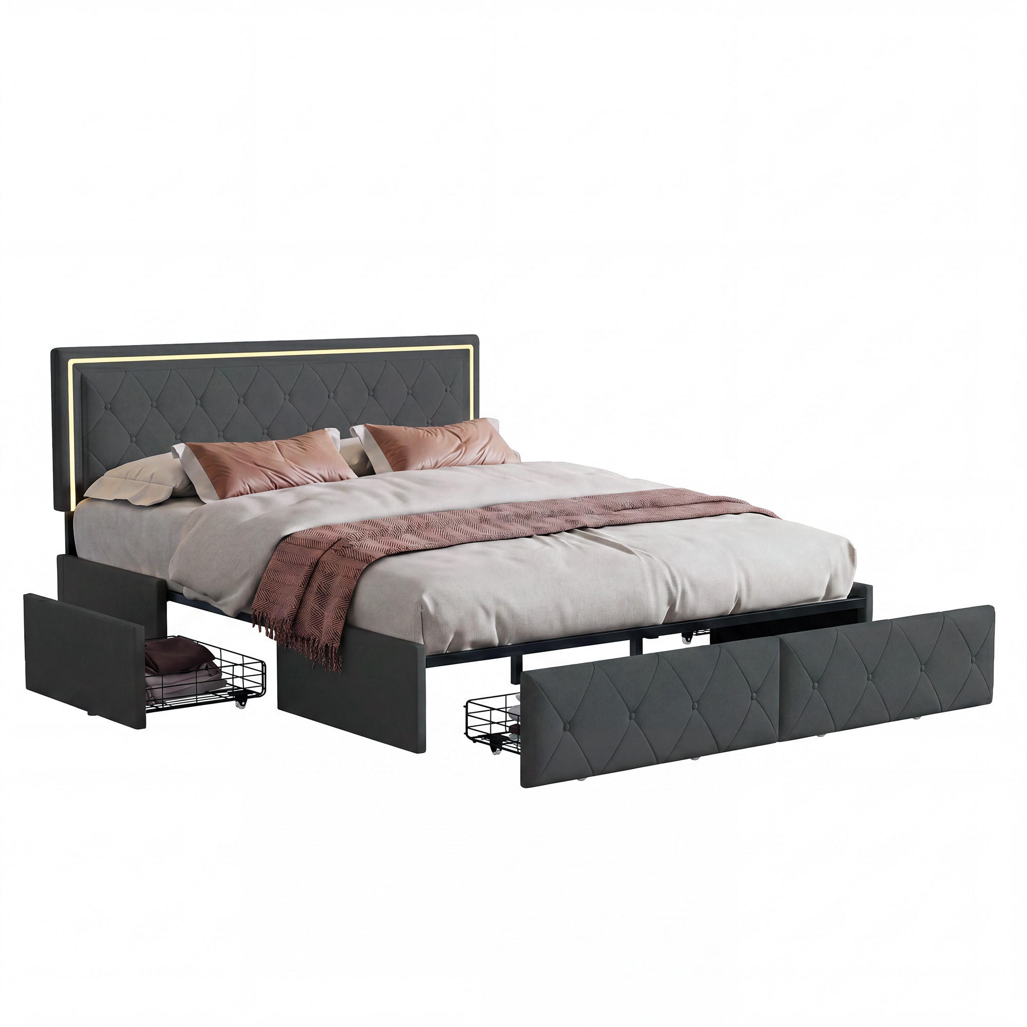 POLSTERBETT Grau 140x200 cm mit LED Kopfteil, 4 Schubladen und Bettkasten - Grau, Holzwerkstoff (140/200cm) - Novahome