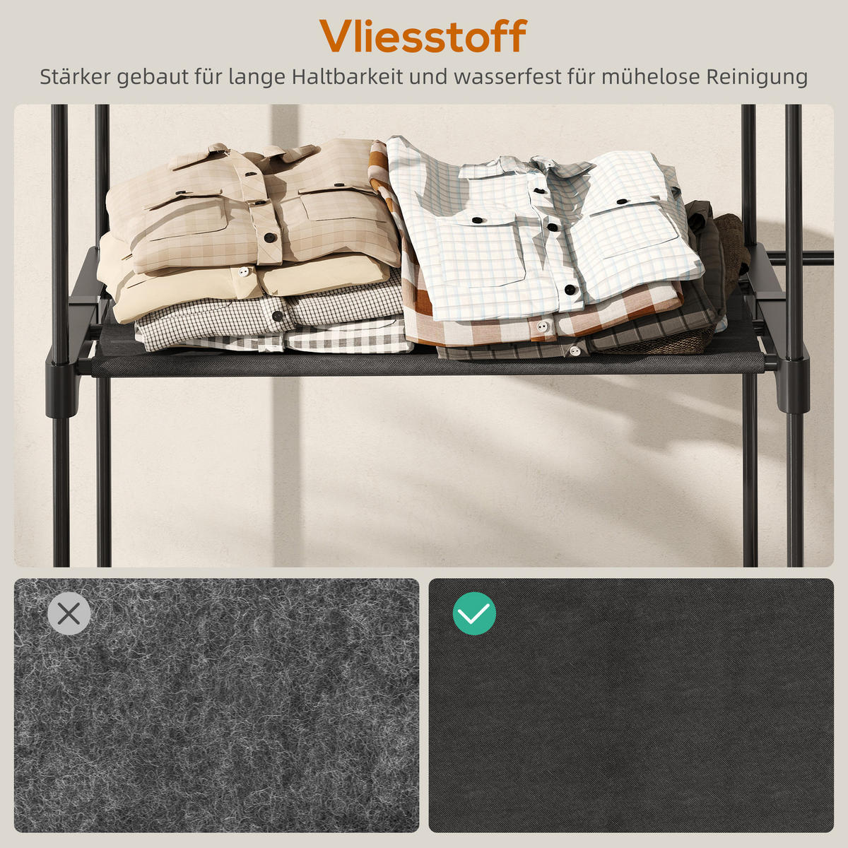 KLEIDERSCHRANK Stoffschrank mit Kleiderstange, Ablagen Stoffkleiderschrank - Schwarz, Metall (43/185/142cm) - HOMCOM