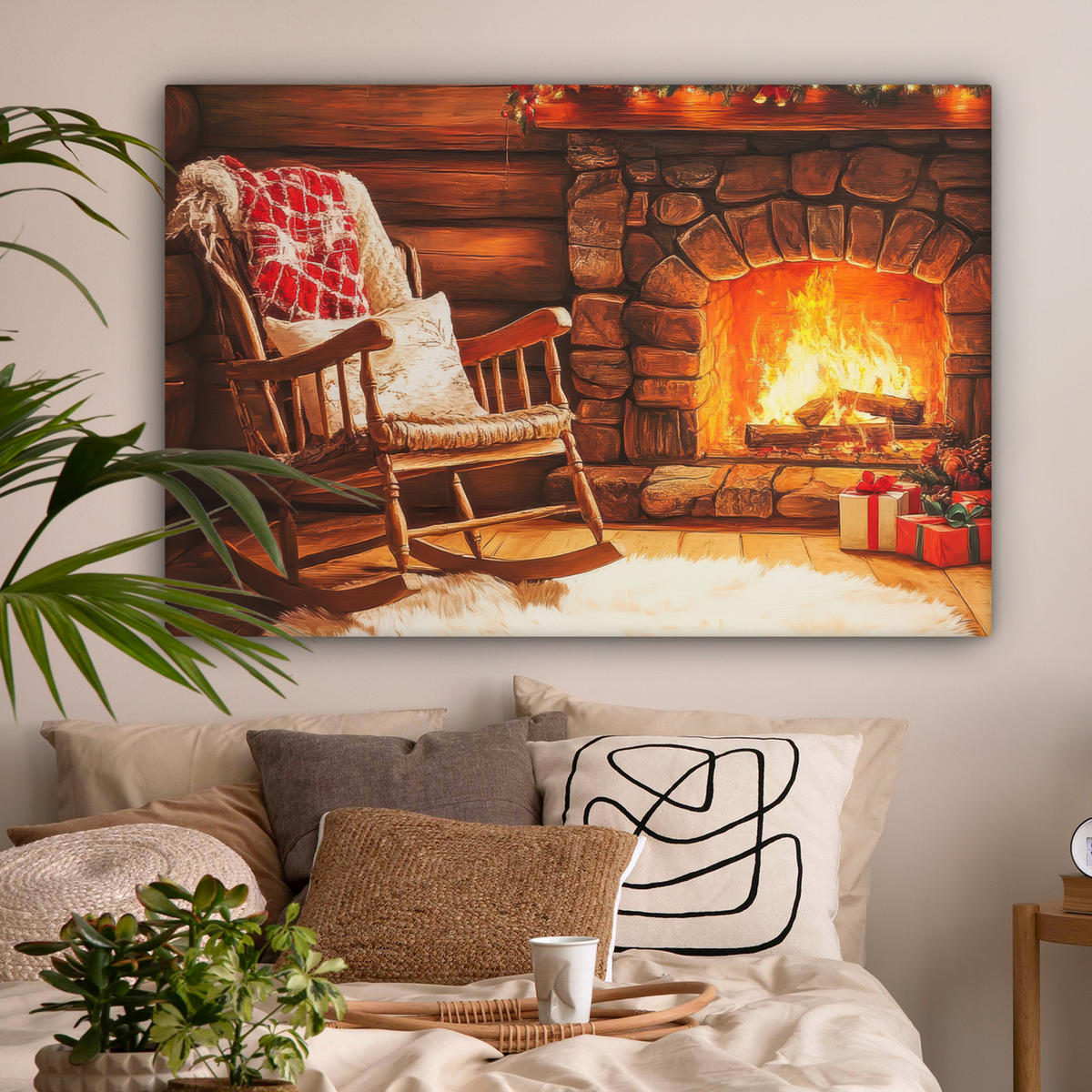 LEINWANDBILD Winter - Weihnachten - Zuhause - Kamin XXL 150x100 cm - Bernsteinfarben, Textil (150/100cm) - MuchoWow