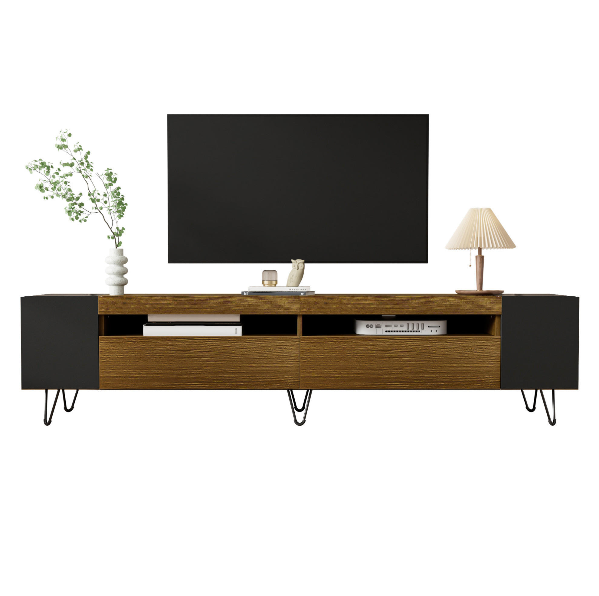 Modfu TV stolek z MDF a dřevotřísky 180x36x43 cm černá/dekor dřeva se 2 dvířky, otevřenými přihrádkami a bočními policemi