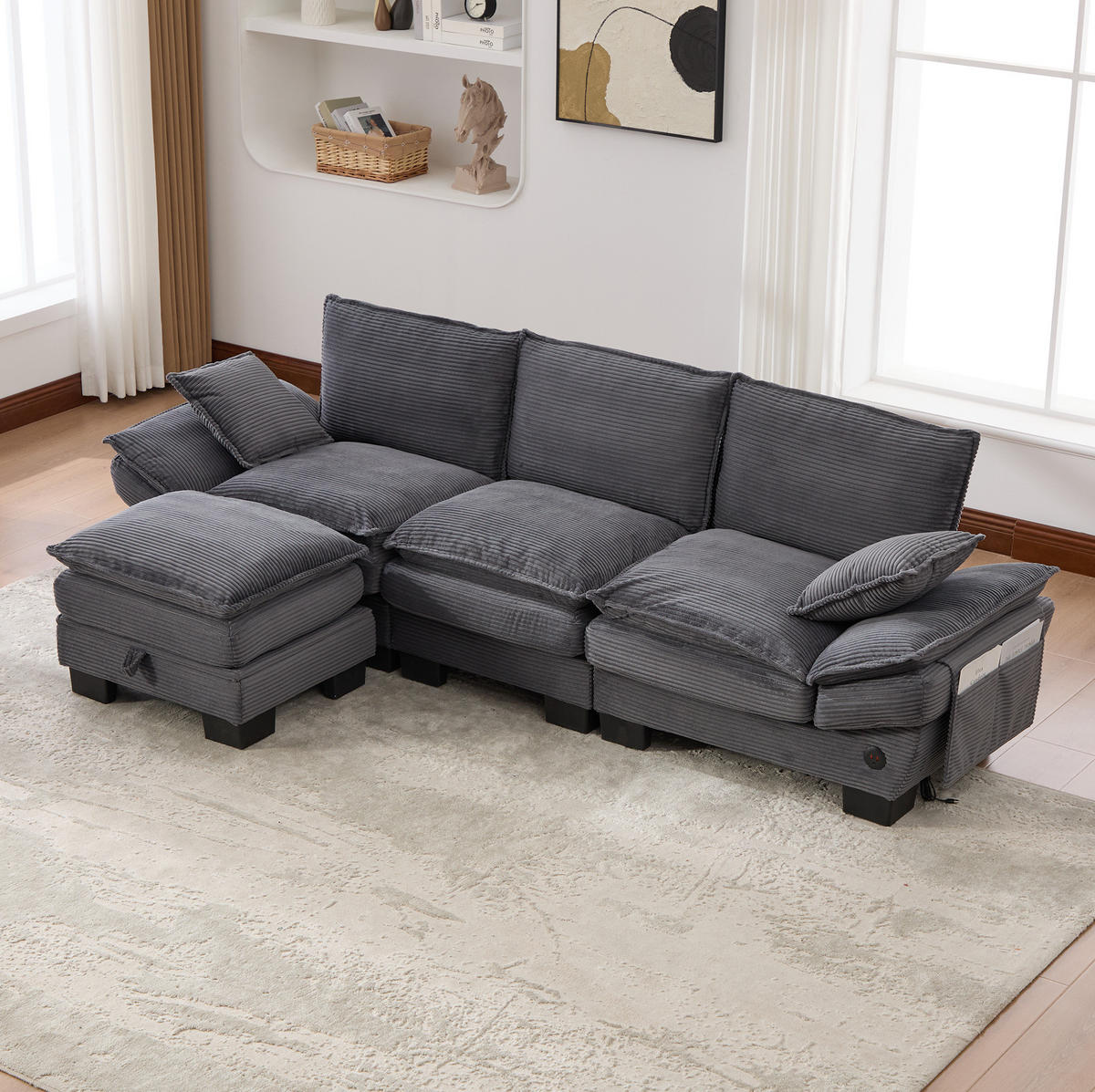 ECKSOFA aus Cord 260x132x84 cm in Dunkelgrau mit USB-C & Hocker - Dunkelgrau, Textil (132/260cm) - Modfu