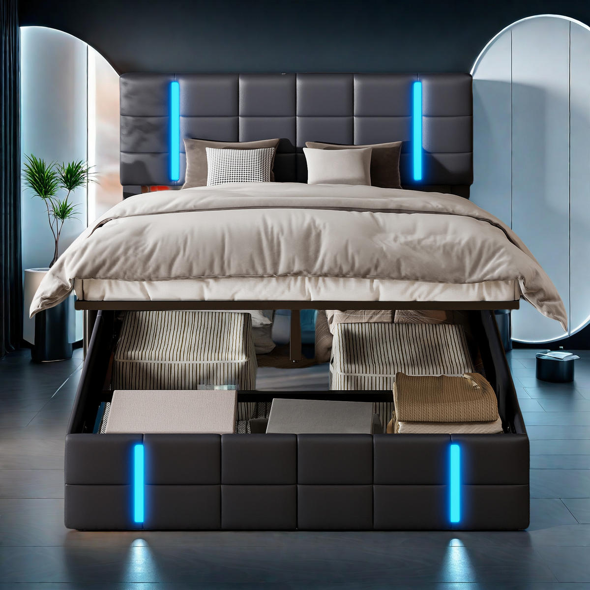 POLSTERBETT 140x200 cm Schwarz mit LED USB Stauraum - Schwarz, Metall (140/200cm) - SHOPENTRA