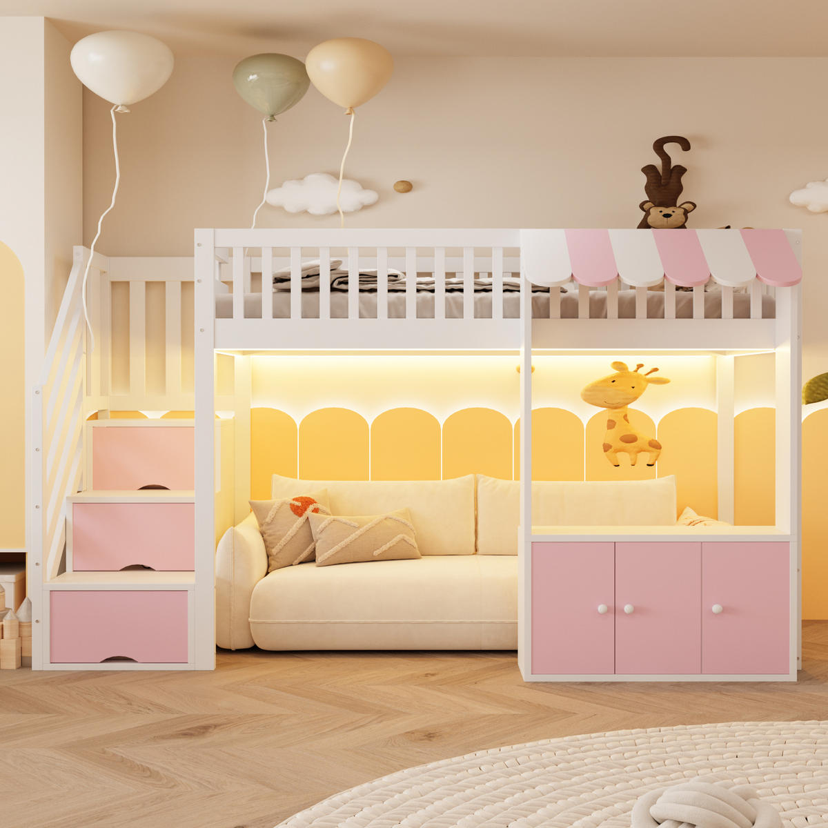 HOCHBETT 90x200 Rosa Holz Stauraumschrank LED - Multicolor, Holz (90/200cm) - FLIEKS