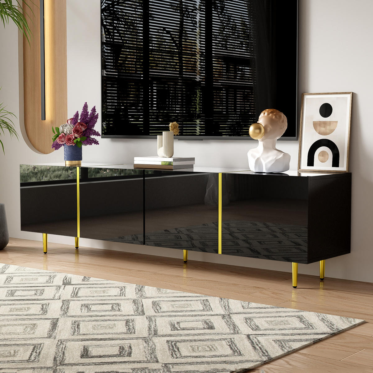 TV-SCHRANK Hochglanz in Weiß mit vier Türen 170/35/46 cm - Schwarz, Holzwerkstoff (170/46/35cm) - Redom