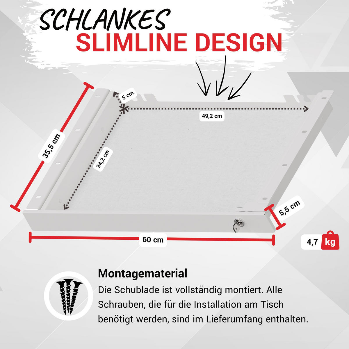 SCHUBLADE Laptop DeskDrawerPro 35,5/60/5,5 cm in Weiß - Weiß, Metall (35.5/60/5.5cm) - bümö