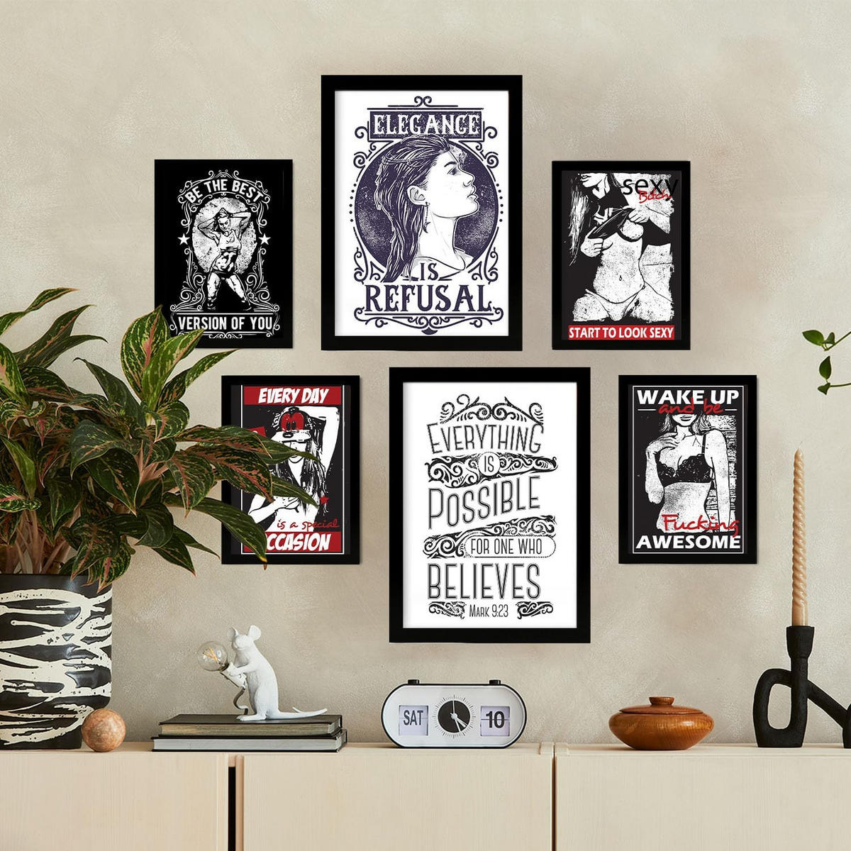 POSTER Set Mit 6 Frau In Rustikale Zitate A3 & A4 Rahmen Aus Hellem Holz - Beige, Papier (29/3cm) - Nacnic