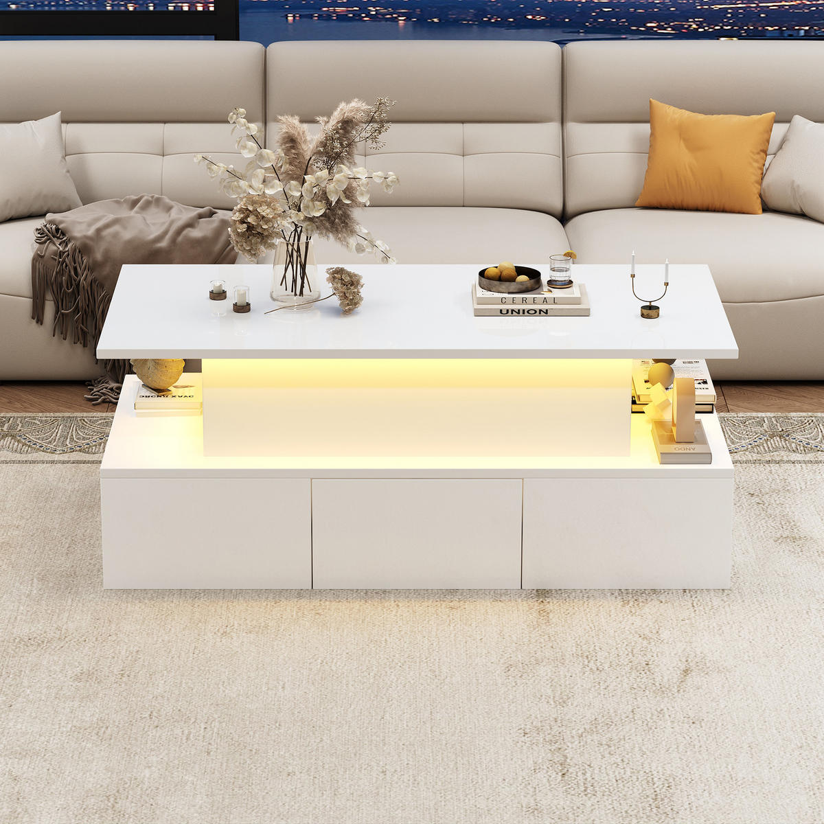 COUCHTISCH 100x50x40 cm Weiß LED Lift 4 Schubladen Stauraum - Weiß, Holzwerkstoff (100/50/40cm)