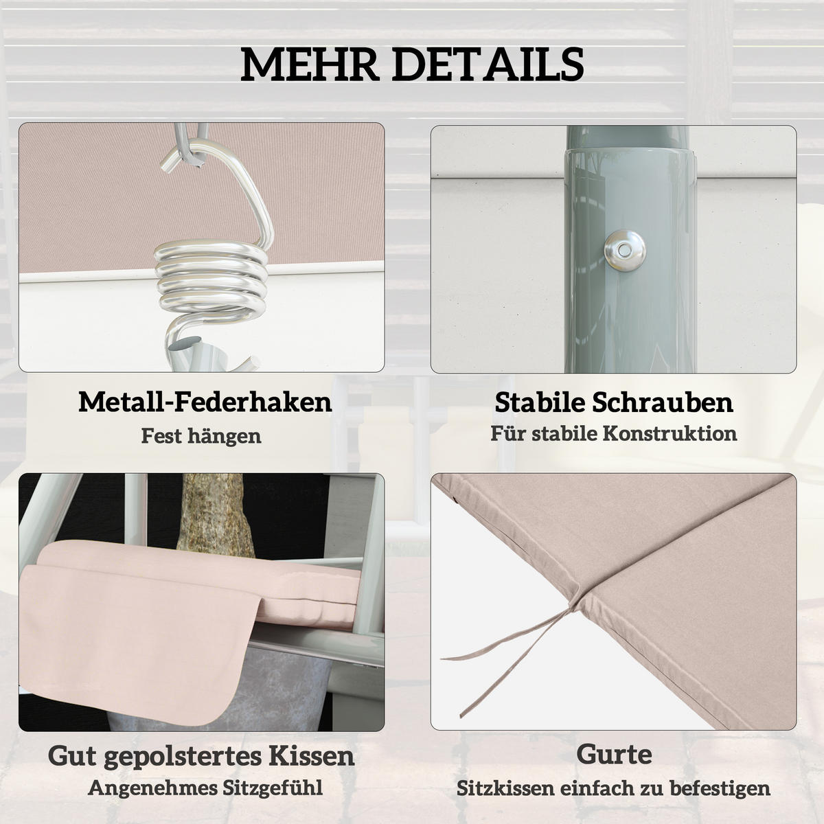 HOLLYWOODSCHAUKEL DE-07099 2-Sitzer, verstellbares Sonnendach, bis 180 kg Beige - Beige, Metall (175/158/112cm) - ComfortXL