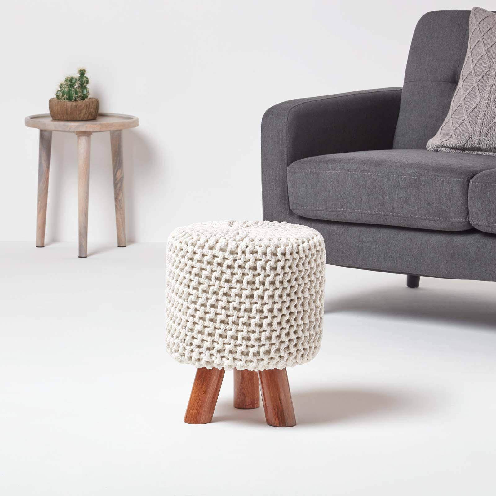 STRICK-HOCKER natur, Dreibein 32/32/42 cm - Naturfarben, Textil (32/42/32cm) - Homescapes