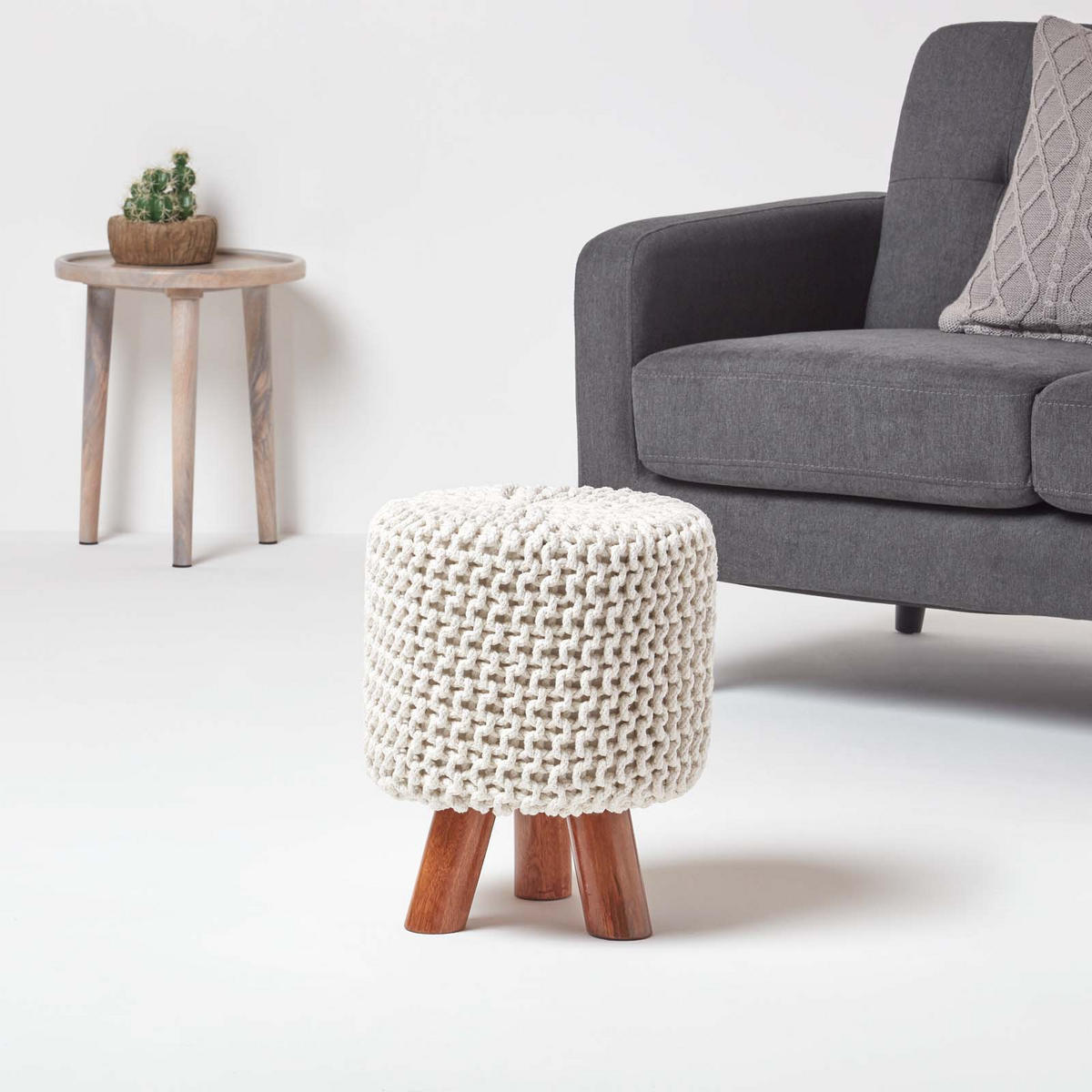 STRICK-HOCKER natur, Dreibein 32/32/42 cm - Naturfarben, Textil (32/42/32cm) - Homescapes