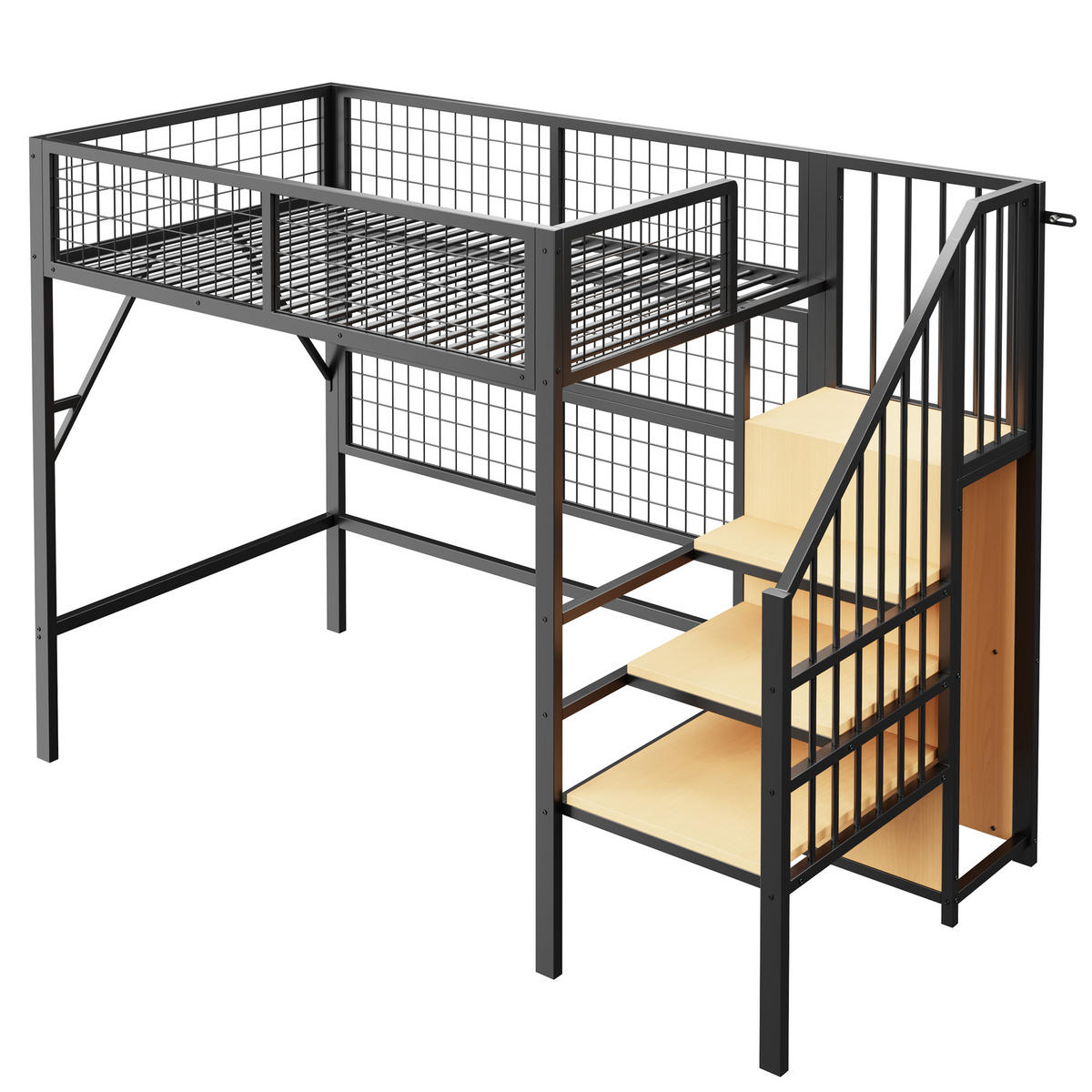 HOCHBETT 90/200 cm in Schwarz mit Treppe, Stauraum und LED - Schwarz, Holzwerkstoff/Metall (90/200cm) - STILVORA