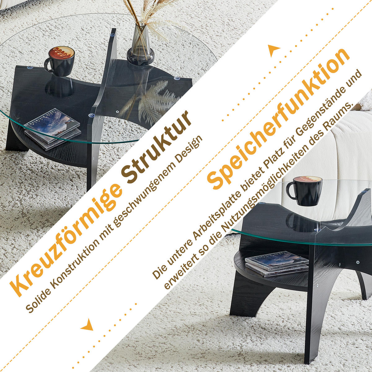 COUCHTISCH in Schwarz Moderner runder Beistelltisch für Esszimmer und Wohnzimmer, Ø80/H36 cm - Transparent/Schwarz, Glas/Holzwerkstoff (80/80/36cm) - STILVORA