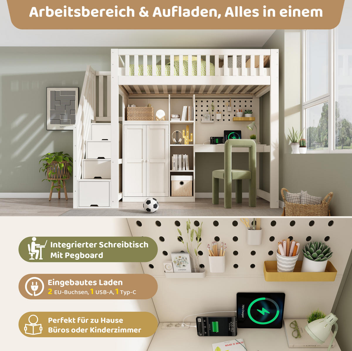 HOCHBETT 90/200 cm Weiß aus Holz mit Schreibtisch und Stauraum - Weiß, Holzwerkstoff (90/200cm) - OKMYHOME