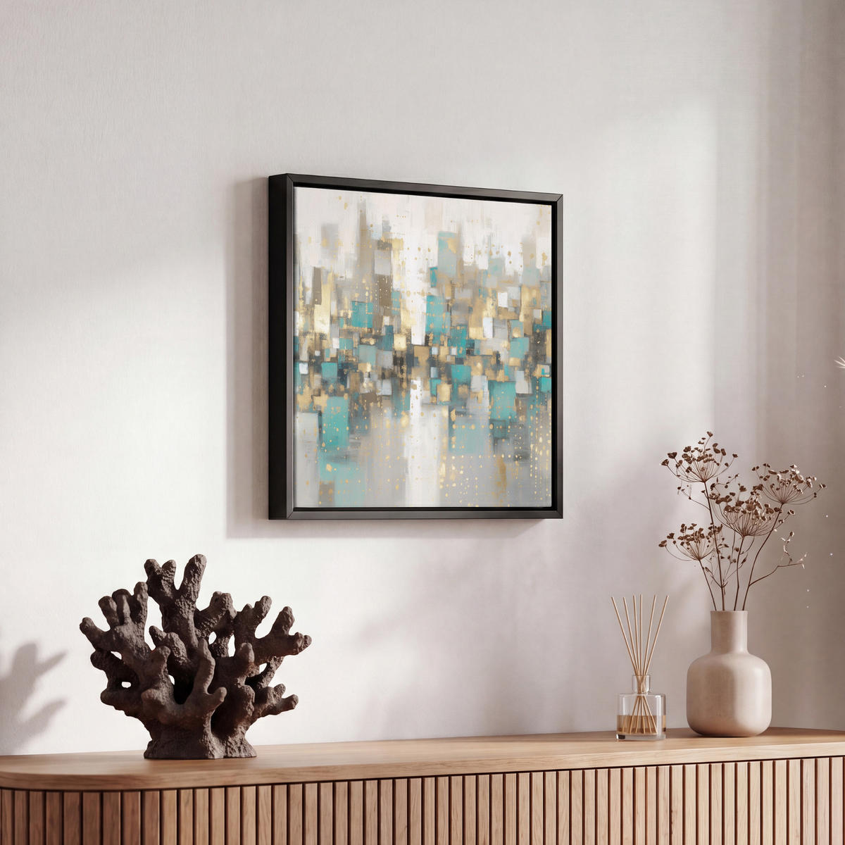 LEINWAND Bilder mit Rahmen - Abstrakt - Blöcke - Gold - Skyline - 20x20 - Beige, Textil (20/20cm) - MuchoWow