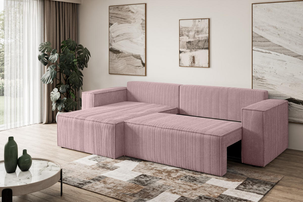 ECKSOFA mit Schlaffunktion und Bettkasten CELTIC-XL - 277x143x83 cm Rosa Cord - Schwarz/Rosa, Holzwerkstoff/Kunststoff (277/143cm) - ALTDECOR