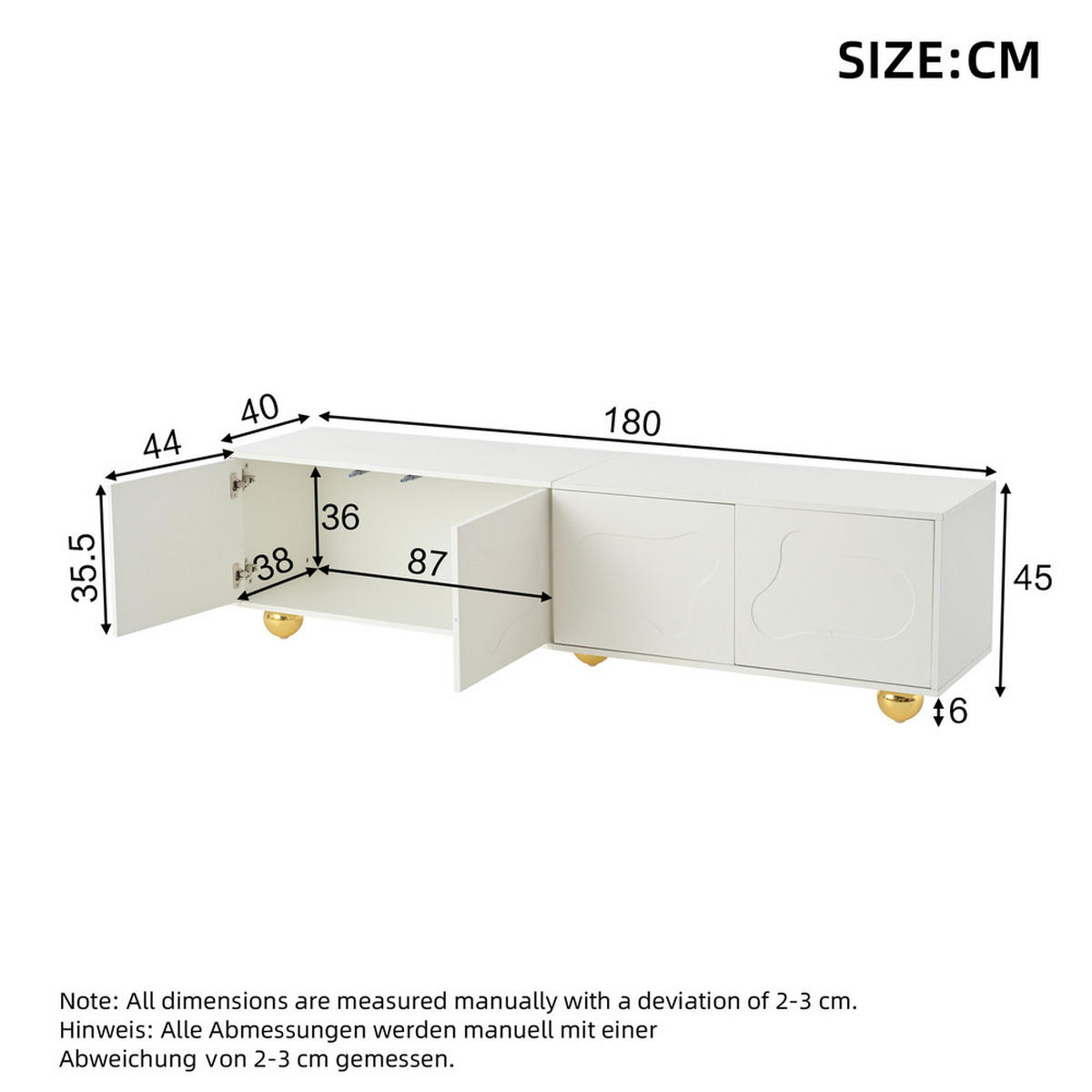TV-SCHRANK 180x40cm Lowboard Cartoon Wolkenform 2 Schränke Weiß bis 75 Zoll - Weiß, Holz (47.98/17.48/76.1cm) - FLIEKS
