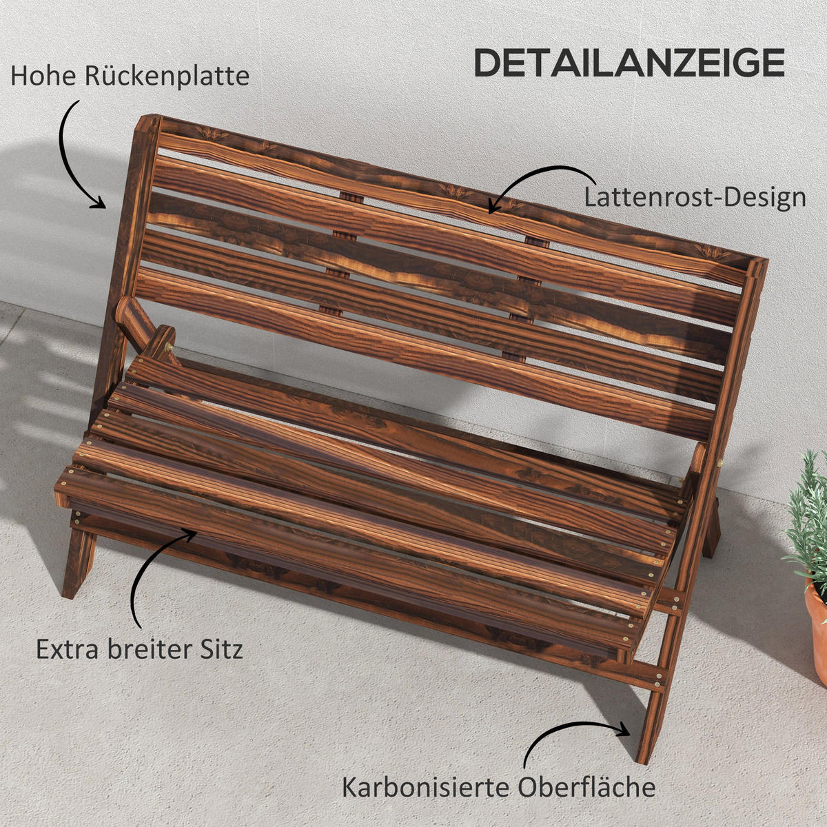 GARTENBANK, 2-Sitzer Sitzbank, Holzbank mit Rückenlehne, für Garten, Balkon, Verkohlt - Dunkelbraun, Holz (63/83/122cm) - Outsunny