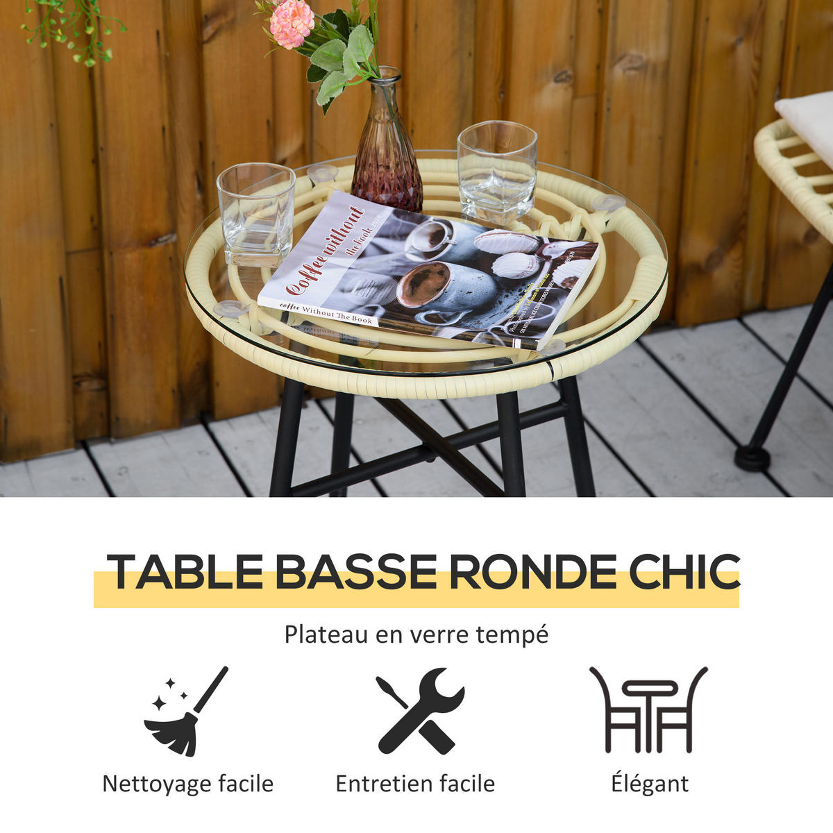 BISTROTSET 3tlg DE-13666 mit Glastisch und Polsterkissen Creme - Creme, Kunststoff/Metall - ComfortXL