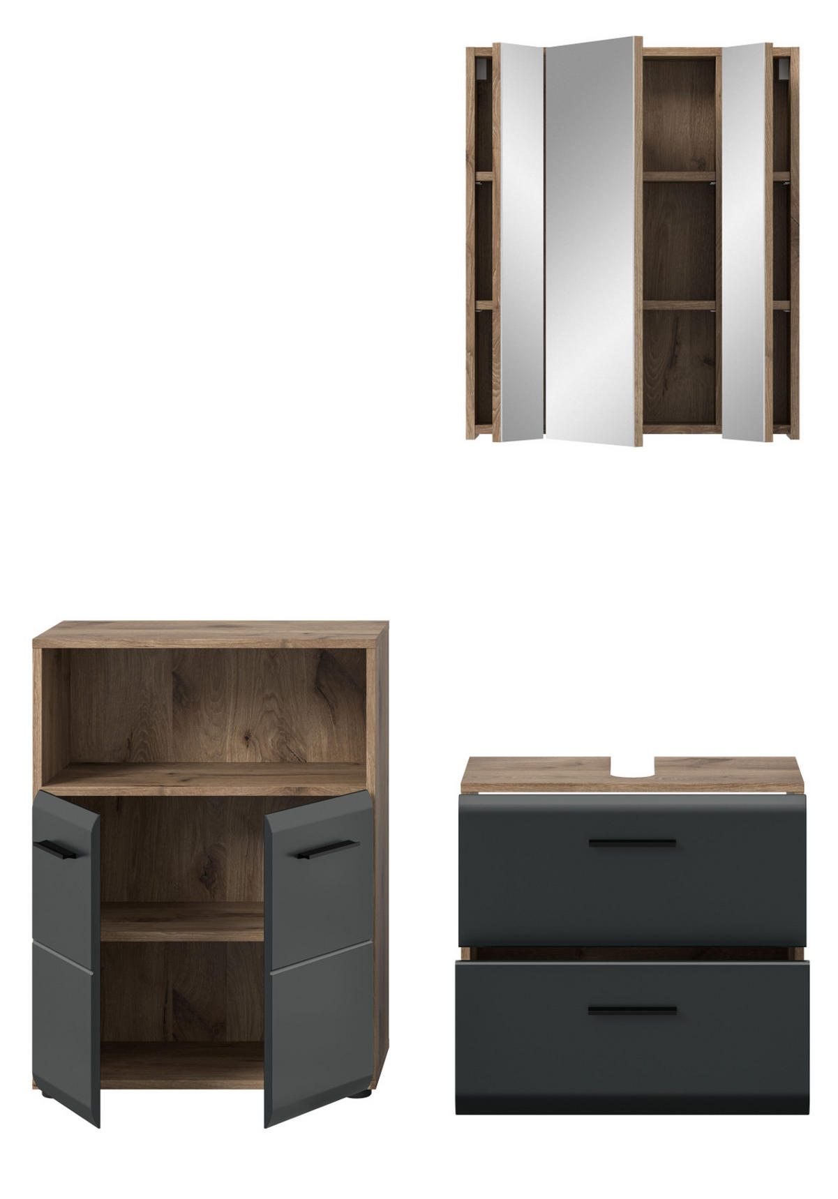 BADMÖBEL-SET 3-teilig in schwarz matt und Eiche Badezimmer mit Spiegelschrank, 135 x 185 cm - Eichefarben/Schwarz, Glas/Holzwerkstoff (135/185/30cm) - Inn.Furn