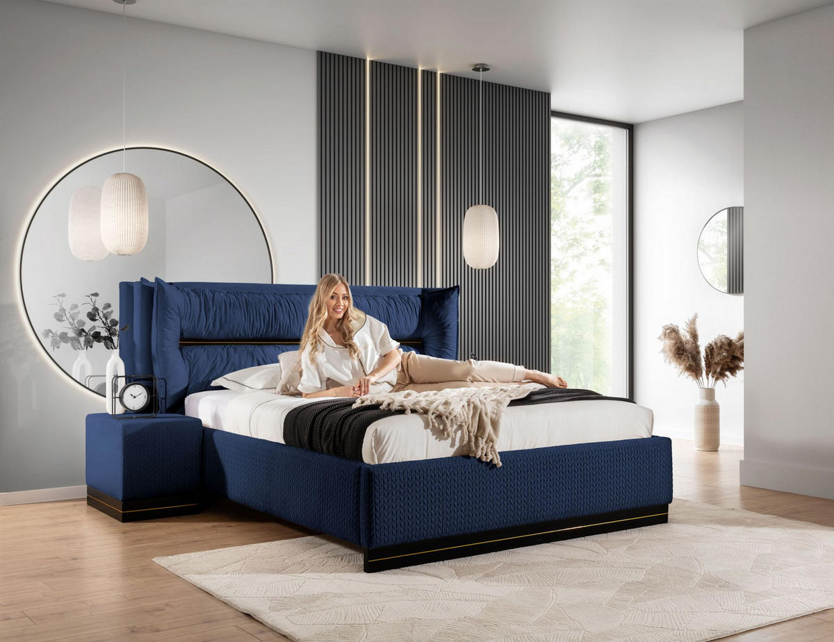 POLSTERBETT Hamilton Magic Velvet Set.1 - Dunkelblau, Holzwerkstoff/Textil (180/200cm) - Fun Möbel