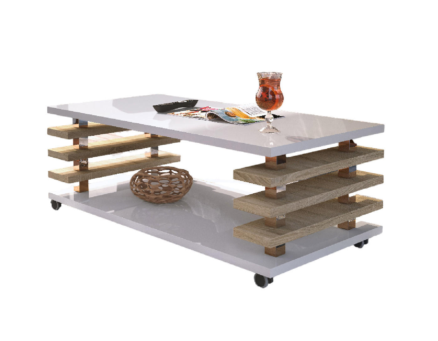 COUCHTISCH rechteckig Weiß Hochglanz - Sonoma Eiche Ablage Rollen - Weiß Hochglanz/Sonoma Eiche, Holzwerkstoff (60/120/45cm) - designimpex