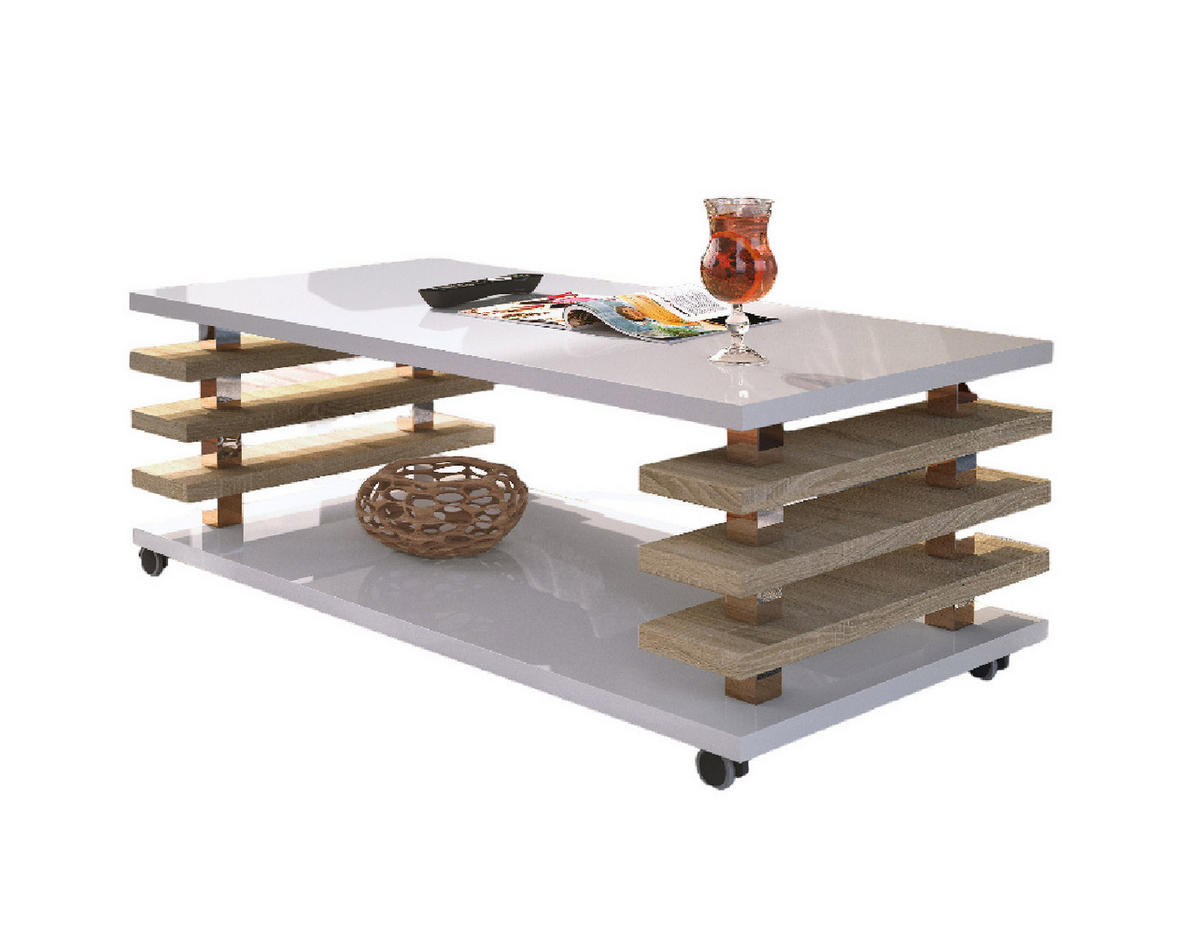 COUCHTISCH rechteckig Weiß Hochglanz - Sonoma Eiche Ablage Rollen - Weiß Hochglanz/Sonoma Eiche, Holzwerkstoff (60/120/45cm) - designimpex