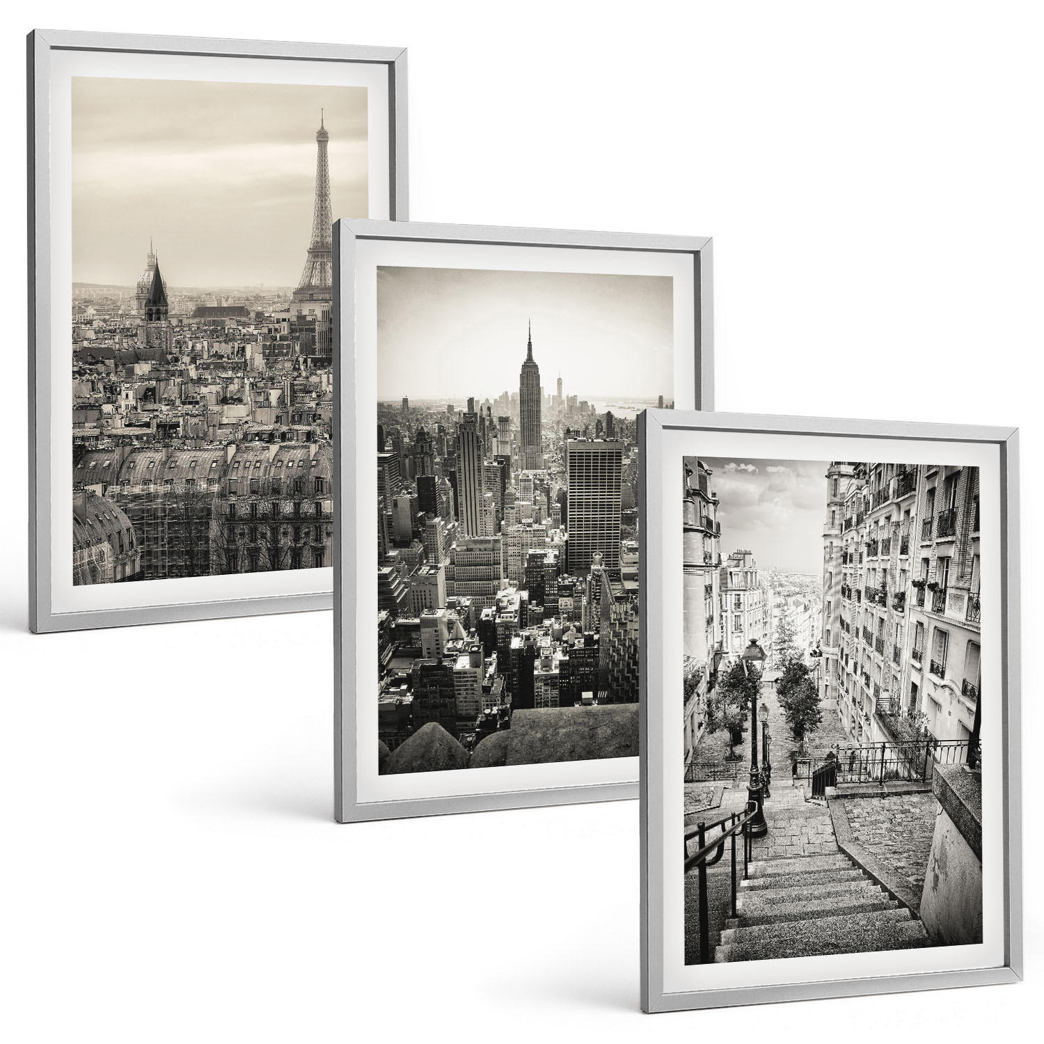 BILDER SET 3er Set - 40x60 cm Silberner Rahmen - Aussicht Paris New York Treppen - Silberfarben, Kunststoff (40/60cm) - TULUP